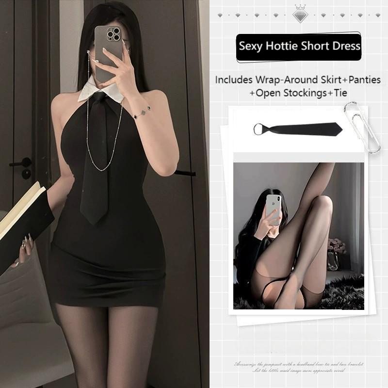 Erotic New French Style Sexy Lapel Backless Secretary Uniform Women Pure Desire Cinching Waist Slim Wrap Hip Short Dress