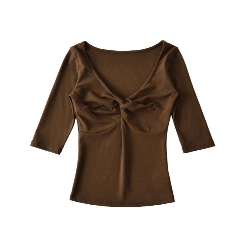 Deep V-Neck Kink Medium Sleeve T-Shirt Women's Summer New American Spice Girl Style Solid Color Slim Skinny Bottom Top