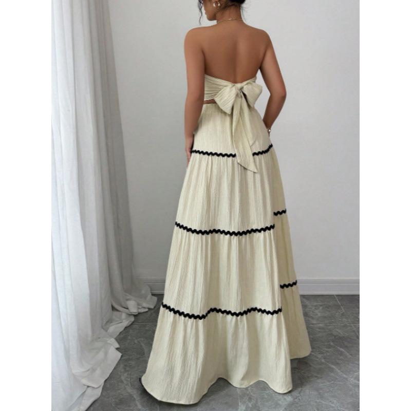 2026 Summer European & American Holiday Casual Strapless Lace Patchwork Long Dress & Two-Piece Women's Set