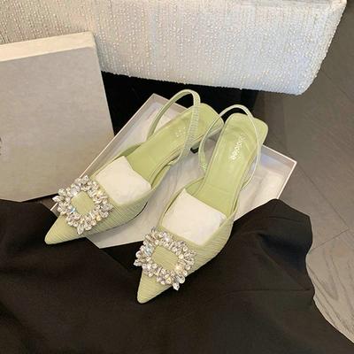 Fashion Square Buckle Rhinestone Pointed Shallow Mouth Single Shoes Women'S High Heel Thin Bun Head Back Empty Strap Sandals