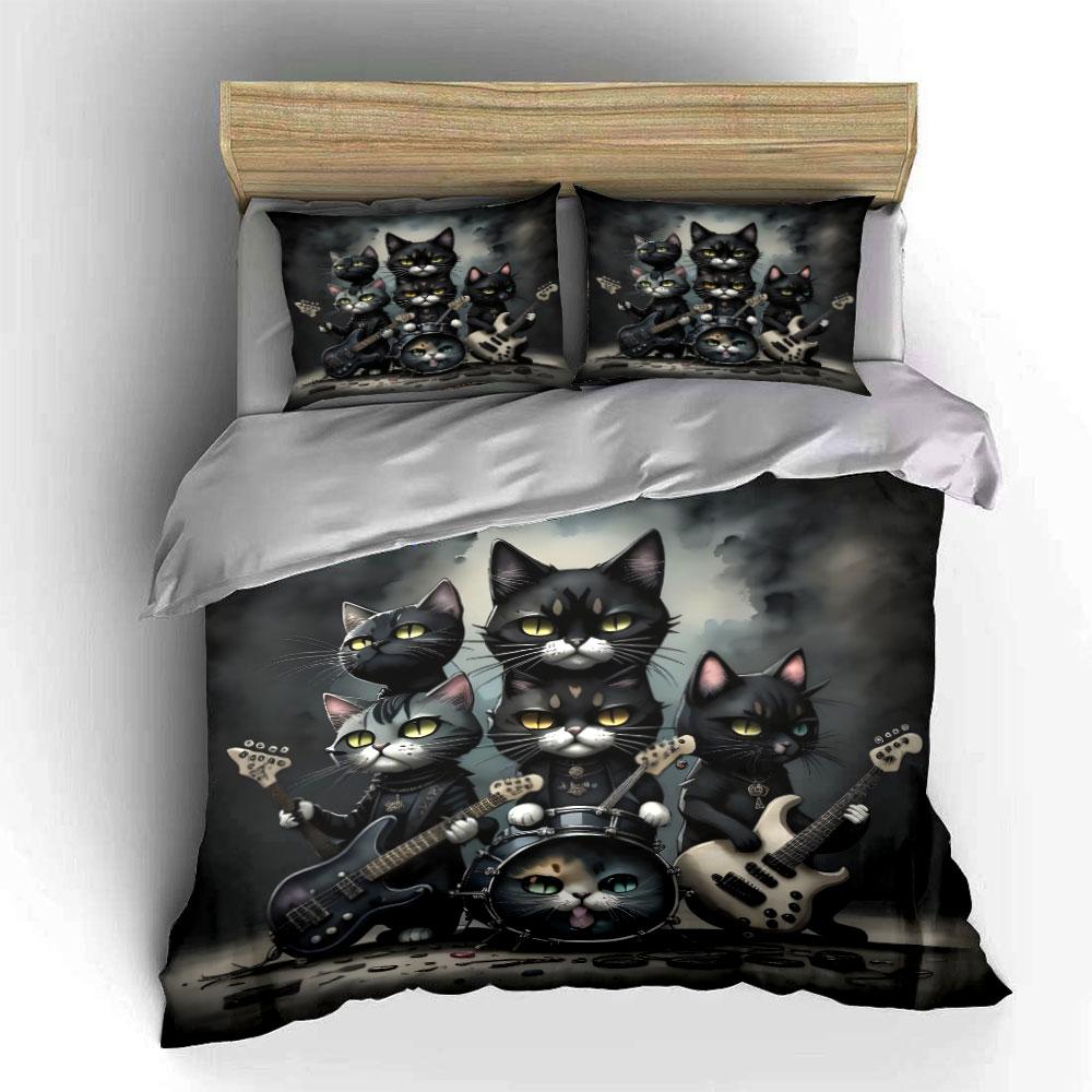 "Rock Band Cat Theme Decor" Bedding Set with 1 Duvet Cover 2 Pillowcases Single Double King Queen, Gift