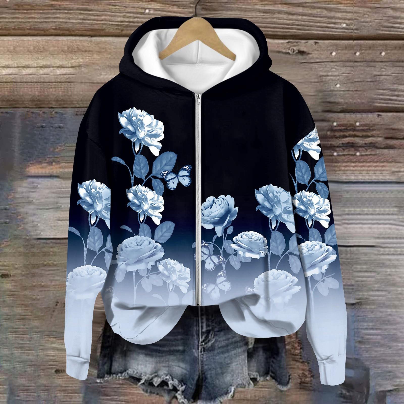 

Пальто для женщин с длинным рукавом на молнии с принтом Верхняя одежда повседневные куртки M синий