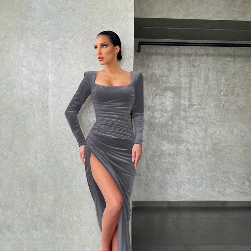 New Women's Elegant Sexy Square Neck Ruched High Waist Bodycon Split Dress Temperament Sexy Square Collar Retractable Small Dress