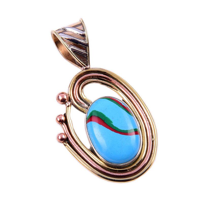 Natural Rainbow Calcica Gemstone 925 Solid Silver Two Tone Pendant 1.50'' o7P46