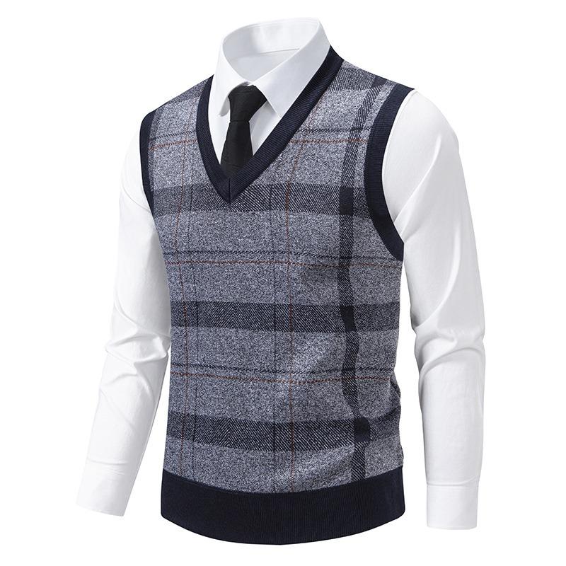 Men Thickened Fleece Plaid Loose Pullover Sleeveless Knit Sweater Vest