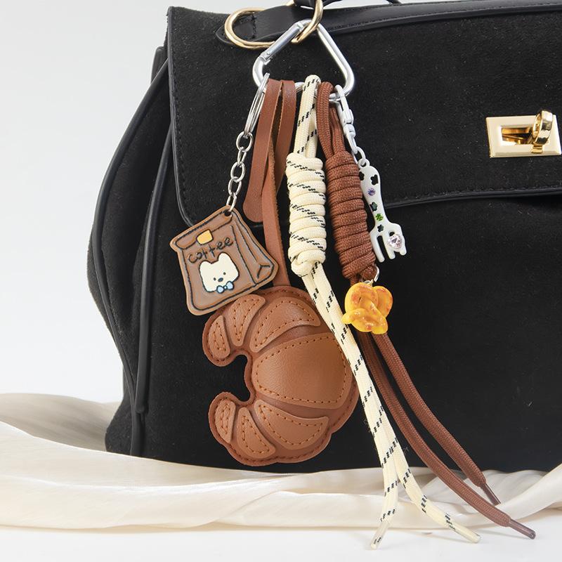 Trendy Croissant Woven Rope Keychain Creative Versatile Keyring Bag Pendant Y2K Vintage Pu Leather Key Hanging Decoration Gifts