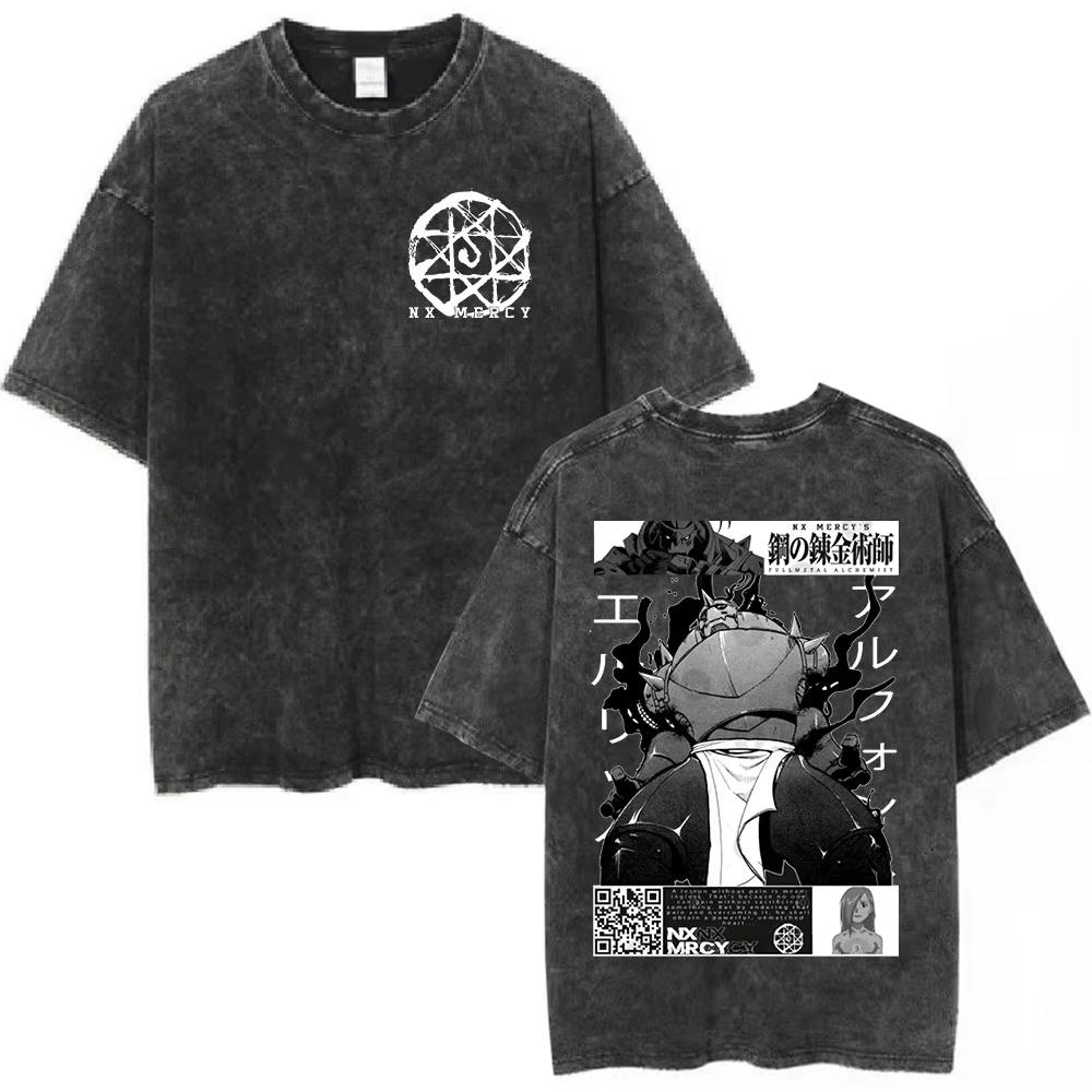 Anime Fullmetal Alchemist Graphic T‑Shirt Men Women Casual Oversized Vintage Washed Cotton Short Sleeve Streetwear Tee Tops