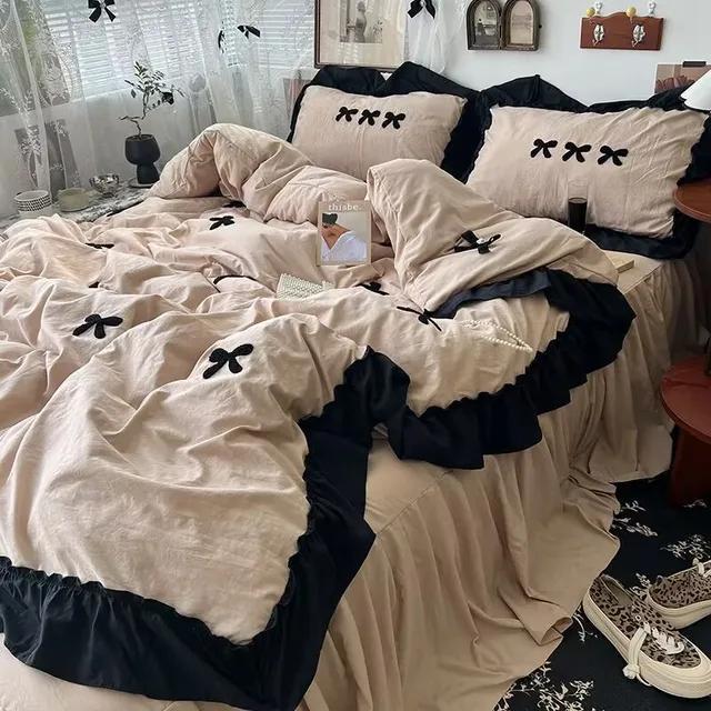 

Ins Girl Bow Lace Washed bedding Set Cotton duvet cover set 4 piece with pillowcase with bed line Bed Skirt comforter cover set 150x200cm 3pcs