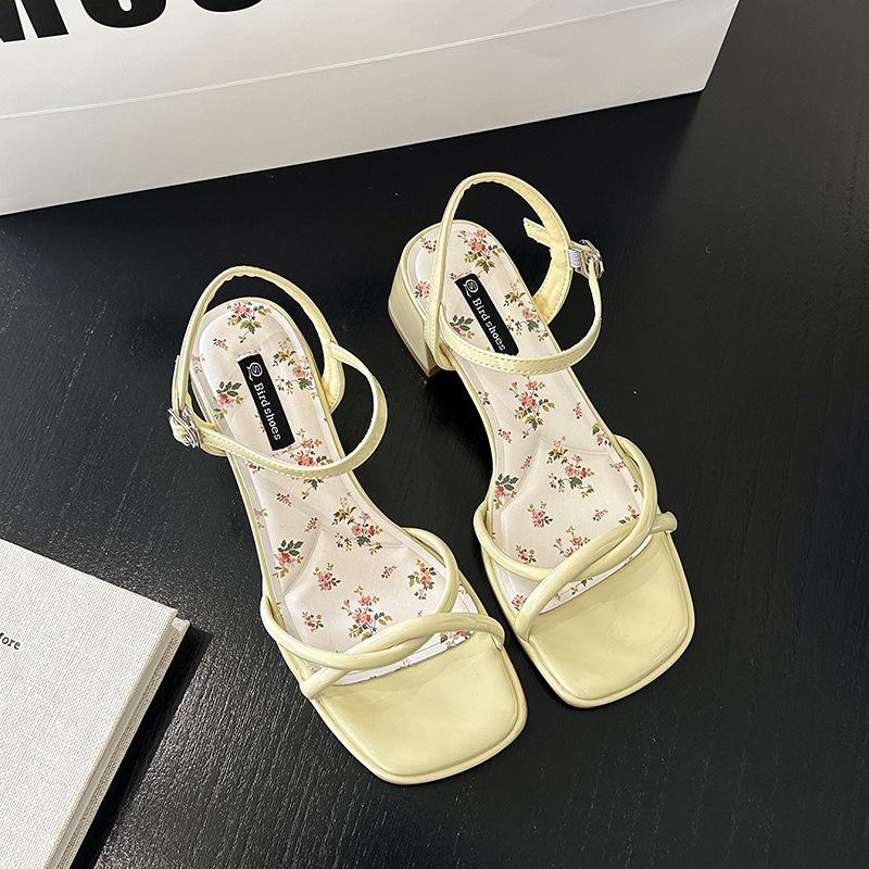 French Fairy Style Bow Word with High-heeled Sandals Female 2025 Summer New Floral Small Fresh Open-toed Sandals