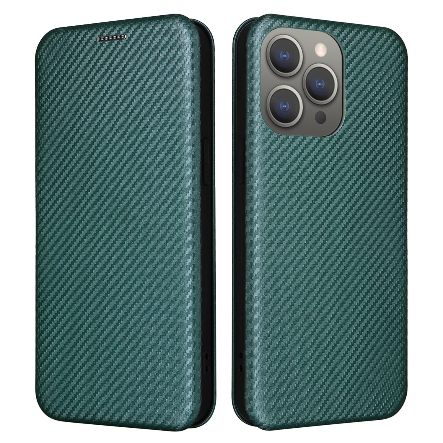 

PU Leather Card Holder Phone Case for iPhone 15 Pro,Carbon Fiber Texture Stand Cover Green