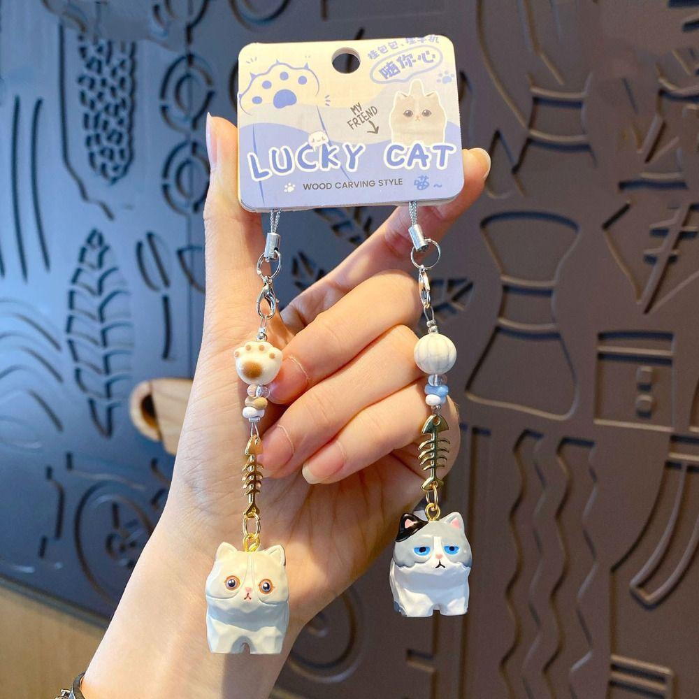 2Pcs Bag Hanging Resin Cat Pendant Cute Car Keyring Cartoon Cat Fishbone Keychain  Bag Decor