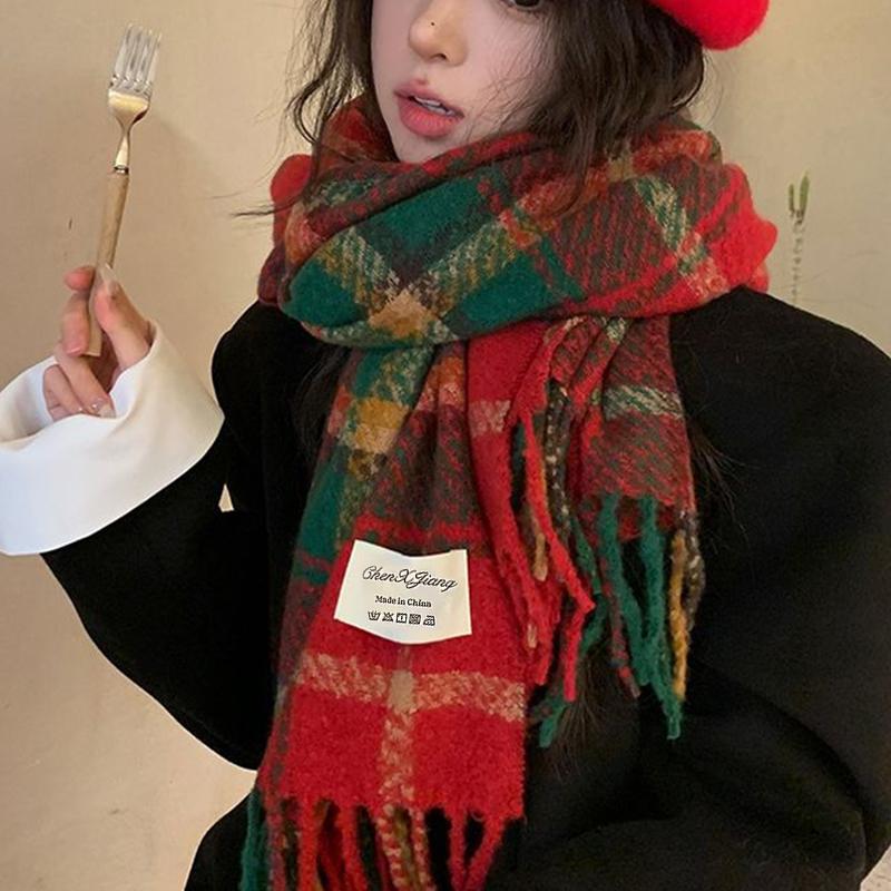 Autumn And Winter  Plaid Scarf For Women Korean Style Versatile Shawl Warm Christmas Wool Neck Scarf