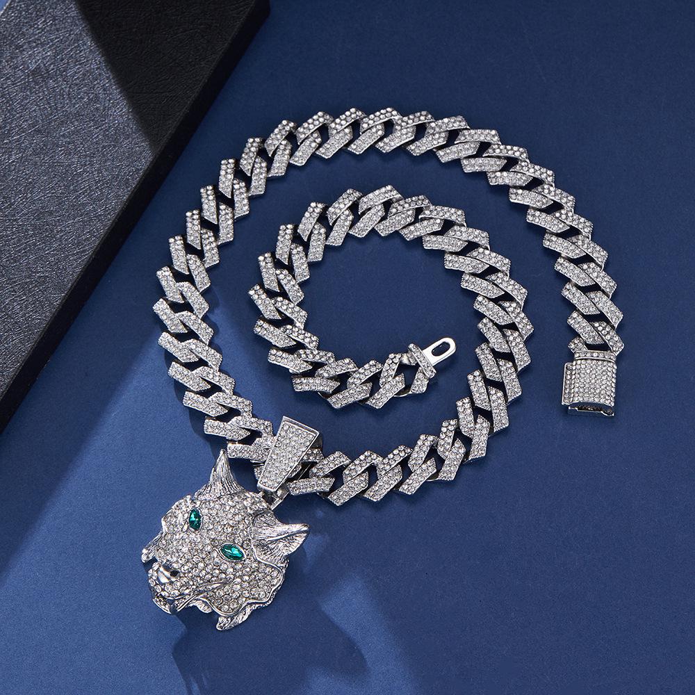 3D Animal Cat Pendant Cuban Chain Necklace with Full Diamond Zinc Alloy and Drip Oil Finish for Hip Hop Enthusiasts