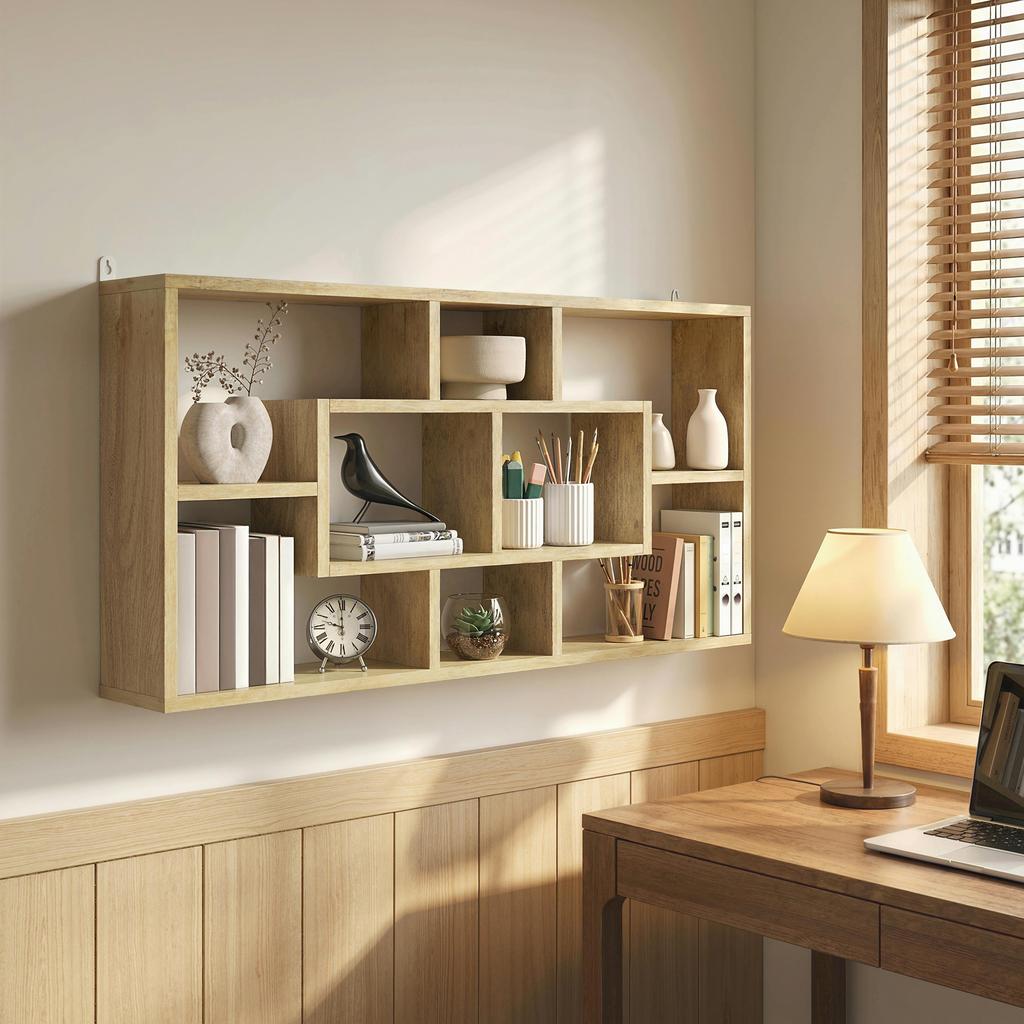 Decorative Wall Shelf, Bookshelf, CD Rack, 8 Cubes, 85 x 14.5 x 47.5 cm, Oak