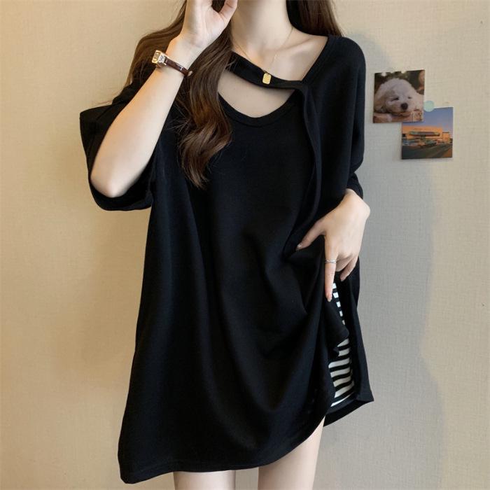 

D10# Нишевый дизайн Женская футболка большого размера, приталенная, однотонная, средней длины, с коротким рукавом, летняя M чёрный