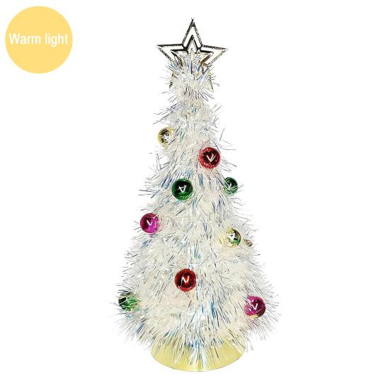 Metallic Tinsel Christmas Tree Light-up Foil Fringe Christmas Tree with Ball Ornaments for Holiday Home Office Tabletop Decoration
