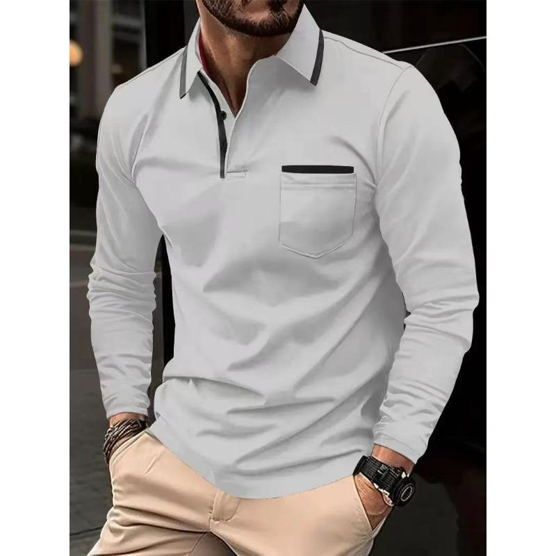Men Casual Patchwork Pocket Solid Color Turn Down Collar Long Sleeve Plus Size Polo Shirt