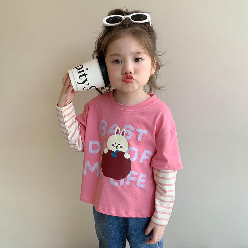 

Girls Cartoon Two-Piece Color Block Long-Sleeve T-Shirt for Autumn Size 120cm рожевий