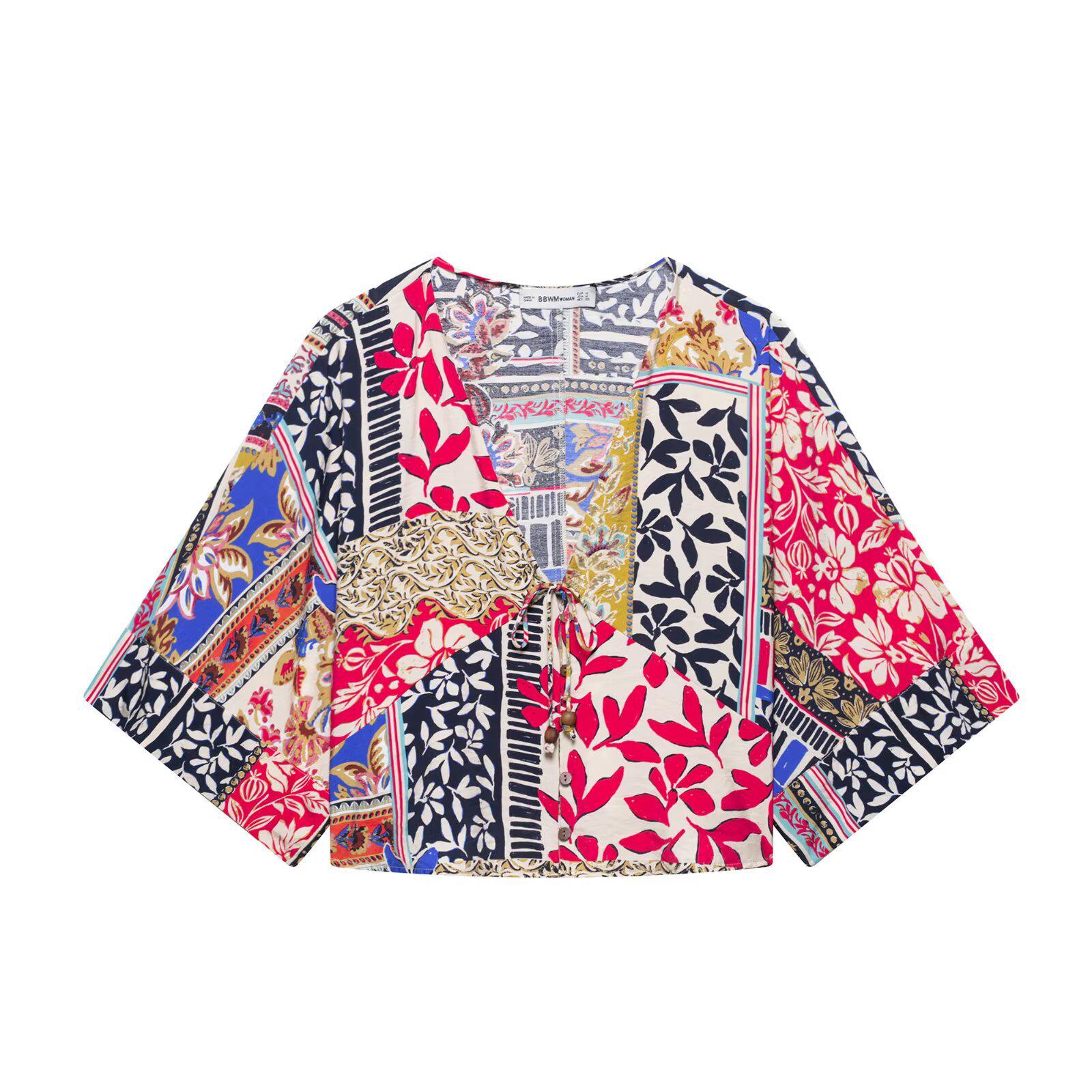 

Весна 2025 Женская рубашка с V-образным вырезом в европейском и американском стиле с принтом, широкими рукавами и повседневные брюки XS