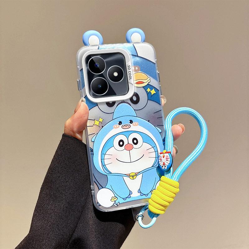 KEYSION Süße Cartoon-Ohren Hülle für Realme C53 C51 mit Lanyard Stoßfeste Handyhülle aus weichem Silikon + PC für OPPO Realme Note 50