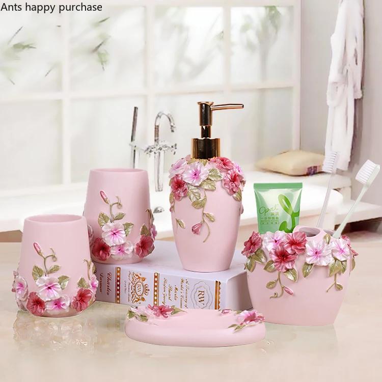 Resin Bathroom Set Toiletries Bathroom 5-piece Set with Rectangular Tray Lotion Bottle Toothbrush Holder Mouth Cup Soap Dish