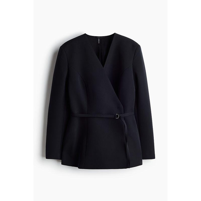 

HM Женский костюм Летний с поясом Стиль одеяло для живота V-образный вырез Элегантный Свободный Длинный рукав Повседневный костюм Верхняя одежда 1270608 Black 155/80