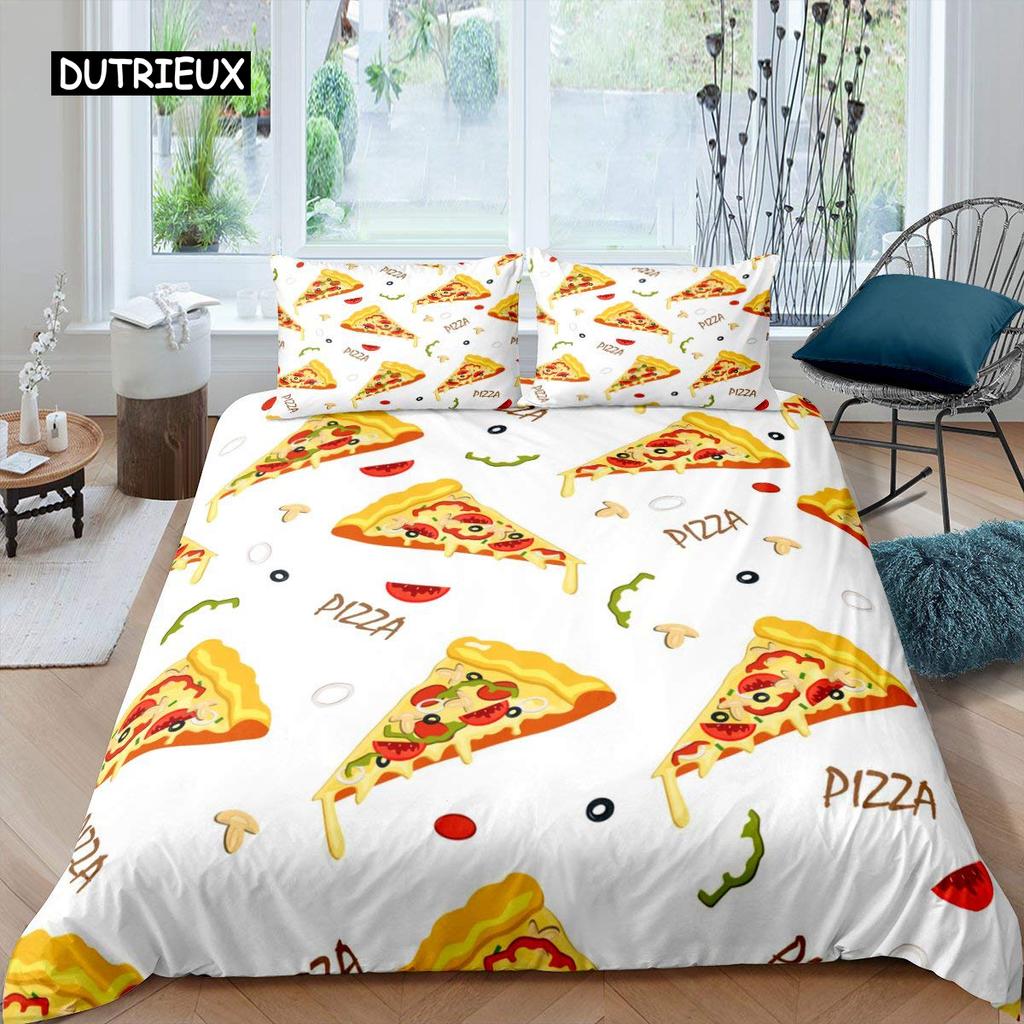 American Fast Food Duvet Cover Set Full Size Polyester Pizza Hotdog Hamburger Print Bedding Set French Fries Cartoon Quilt Cover