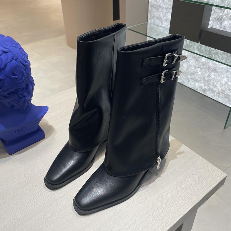 Niszowe skórzane kowbojskie buty westernowe do połowy łydki damskie na grubym obcasie ze szpiczastym noskiem zapinane na boczny zamek botki do spodni