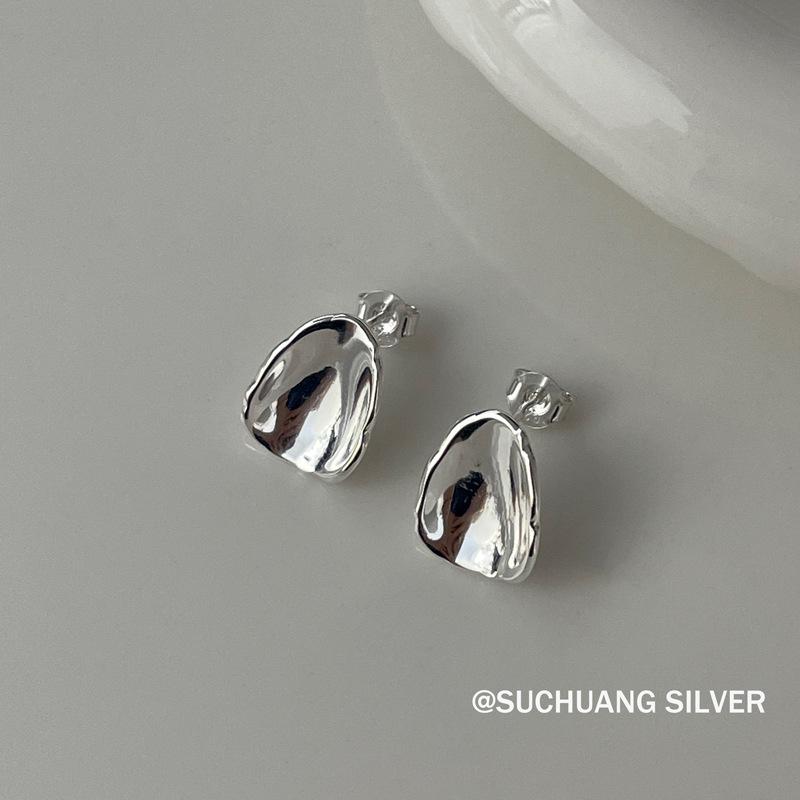 S925 Sterling Silver Irregular Polished Stud Earrings - Elegant & Versatile INS Cold Style 925 Sterling Silver