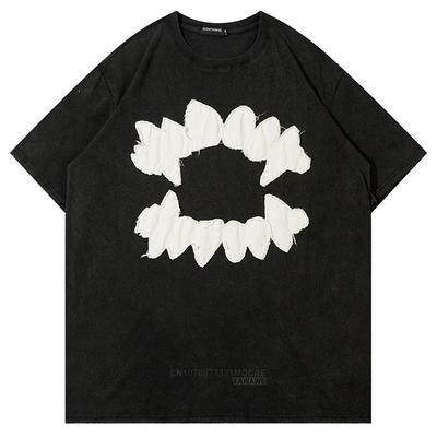 2023 Vintage Men T Shirt Hip Hop Embroidery Teeth Patch Washed Tshirt Punk Gothic Oversized Tee Shirts Harajuku  Loose Top
