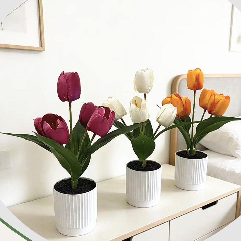 3/5 Heads Artificial Tulip Flower Bonsai Multicolor White Flowerpot Simulation Flower Bonsai Photo Props Faux Flower Potted Gift