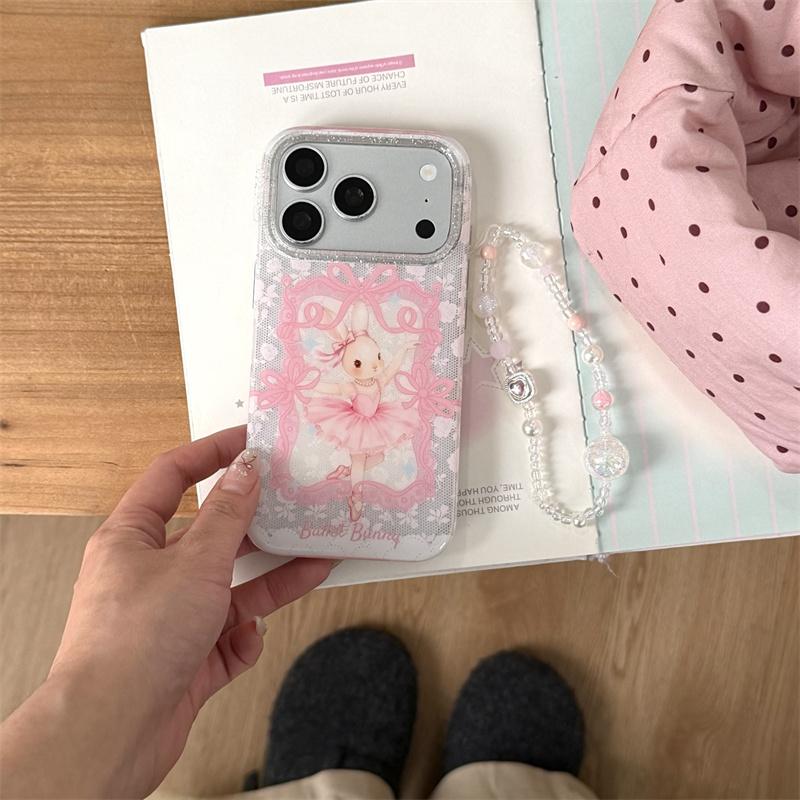 New 2026 INS Pink Ballet Bunny Lace Phone Case For iPhone 17 16 15 14 Pro Max with Rhinestone and Beaded Chain Shockproof Cover