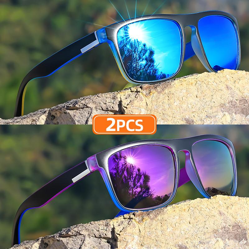 

2Pcs Classic Square Polarized Sunglasses Suitable For Both Men And Women Featuring Gradient-Colored Temples Couple Set