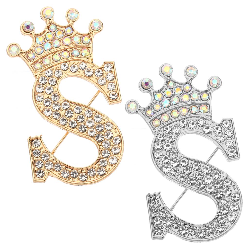2pcs Letter Brooch Pins Crown Initial Rhinestone Alphabet A-W Letter Lapel Badges Pin for Women Suits Dress Coat Clothes Craft