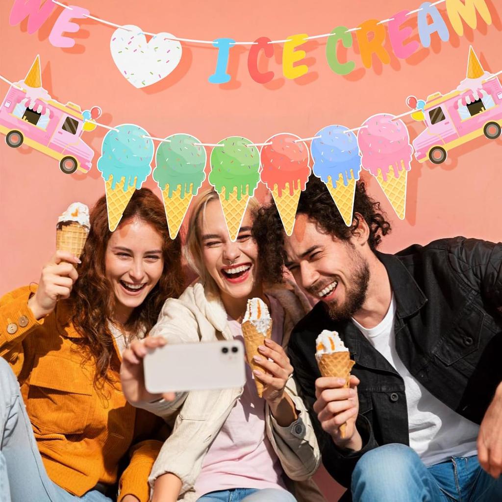 4 Pcs Ice Cream Banner Garland Ice Cream Birthday Party Decorations Supplies Icecream Bar Sign Streamer Decor for Summer Pool Beach Baby Shower
