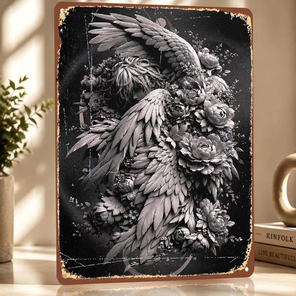 Angel Embraced By Floral Bloom D Texture Metal Poster Customized Wall Art Tin Sign Gift for Mancave Garage Accessories Room Bar