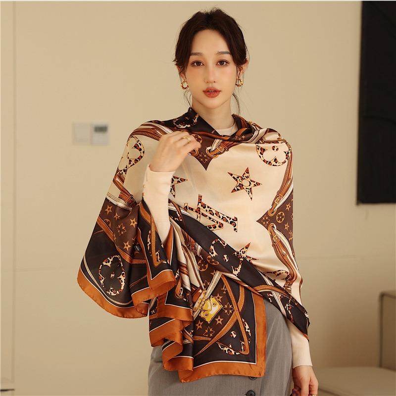 Light and mature style luxury presbyopia scarf with goods, new silk scarf, long large size travel shawl, sun protection