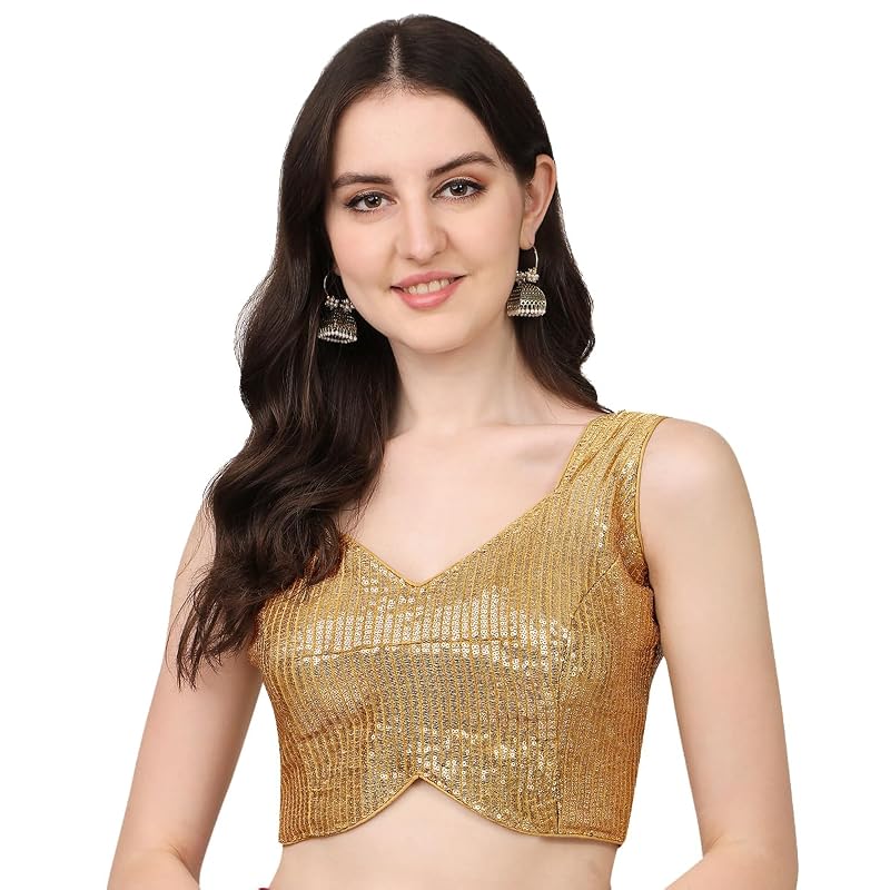 Vihu Fashion Women's Multicolor Sweetheart Neck Georgette Line Soft Sequence Zari Work Sleeves Readymade Saree Blouse (B