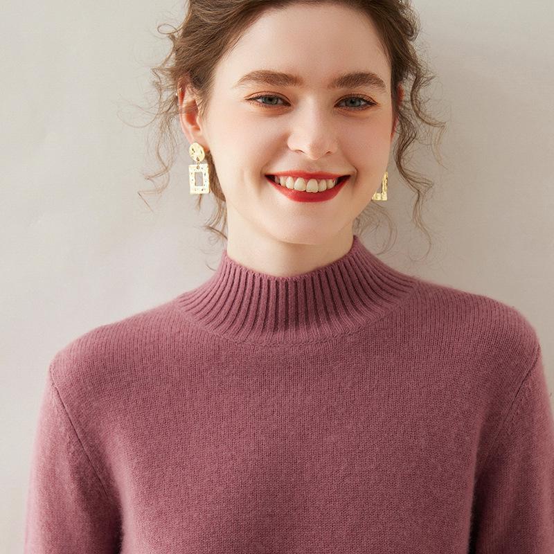 Damen Kaschmir Einfarbig Halbhoher Kragen Pullover - Schlankmachend, Lockere Passform, Gestrickter Langarm für Herbst/Winter.