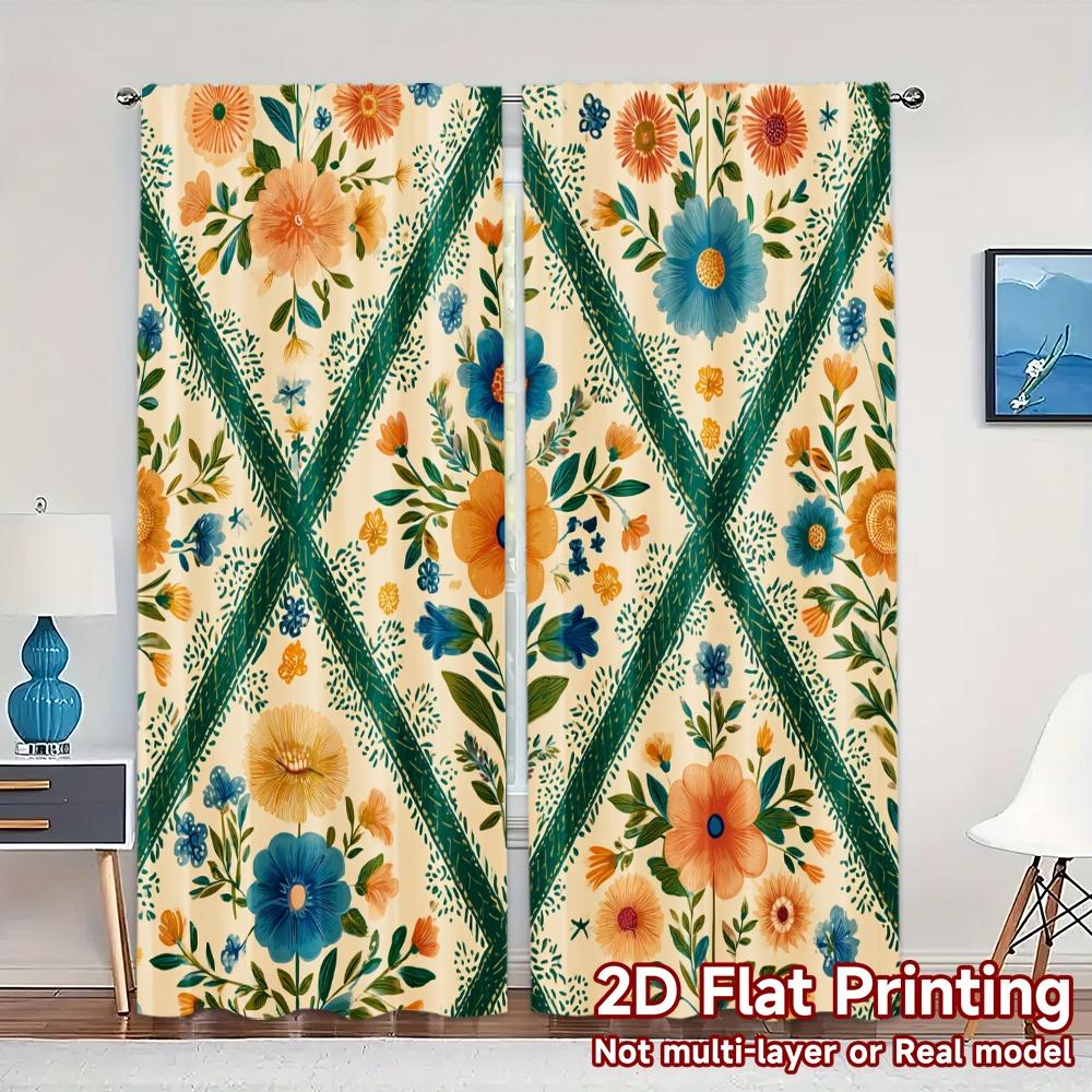 

Set Of 2 Minimalist Flat Printing Jit Curtains Without Rod Floral Tapestry Popular Polyester All Seasons Curtain W100*H70(CM)-Grommet top&1PCS