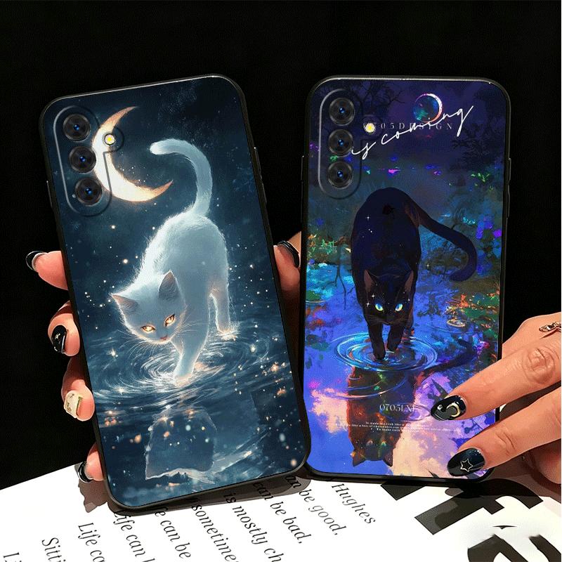 Night Moon Cat Dreamy Art Soft Phone Case for Samsung A17 A37 A57 A16 A26 A36 A56 A15 A25 A35 A55 A14 A24 A34 A54 A13 A23 A33 A5