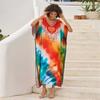 EDOLYNSA 2024 Boho Colorful Printed Batwing Sleeve V-neck Beach Dress Women Summer Swimwear Coverup Cozy Plus Size Kaftan Homewear Q1674