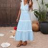 2026 Patchwork Spitze V-Ausschnitt Ärmellos Blau Gestreift Raffung Kleid für Damen