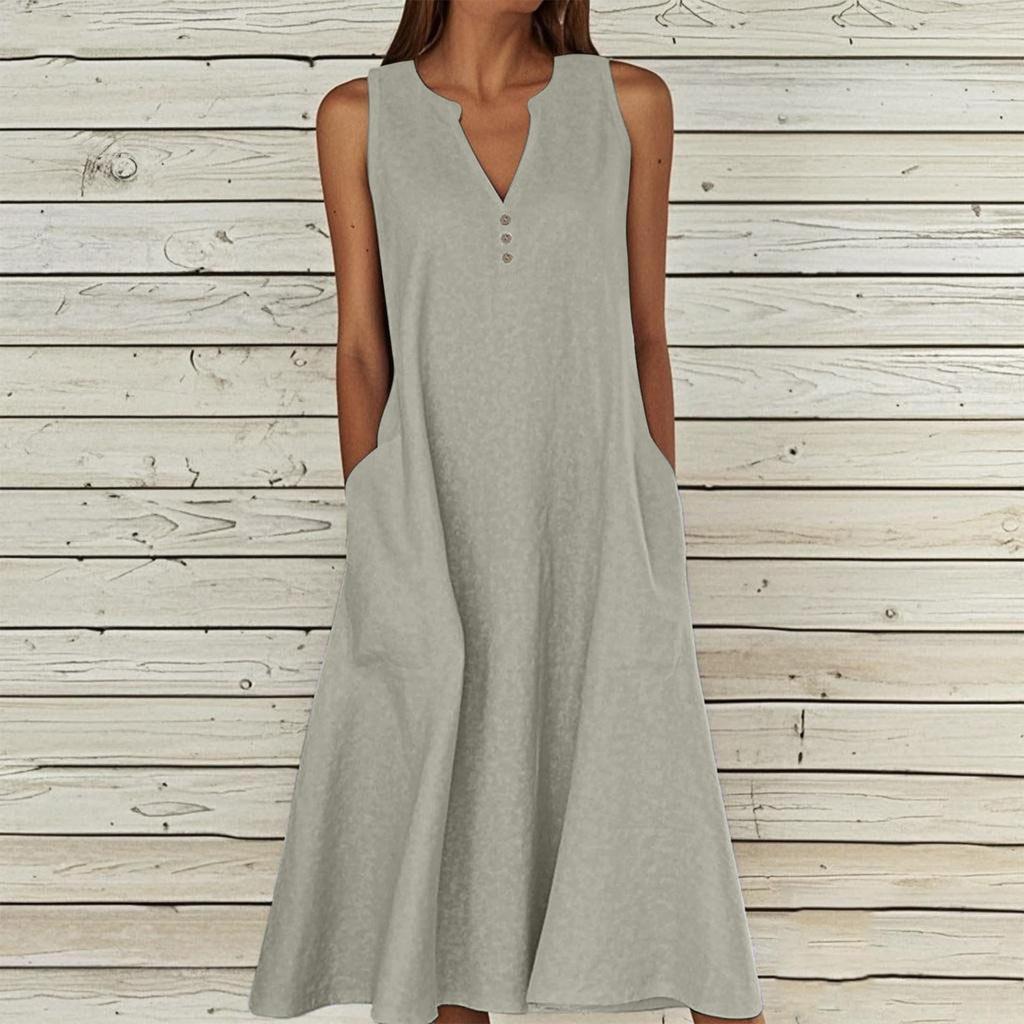 Dámské letní ležérní šaty s výstřihem do V, knoflíky, jednobarevné, bez rukávů, dlouhé, s kapsami