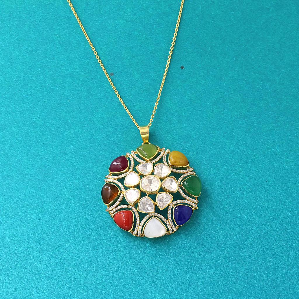 Moissanite Gold Plated Pendant, Indian Kundan Pendant 925 Sterling Silver Handmade Jewelry Women Polki Jewelry