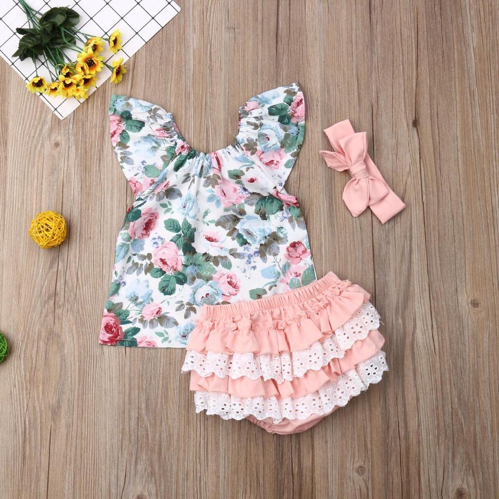 Toddler Kids Baby Girl 0-3Y Clothes Sets Ruffles Short Sleeve Floral Tops PP Shorts Headband Outfits Clothes Set
