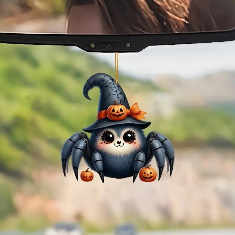 Acrylic Flat Surface Spider Pumpkin Car Pendant With Minimalist Design For Halloween Decor