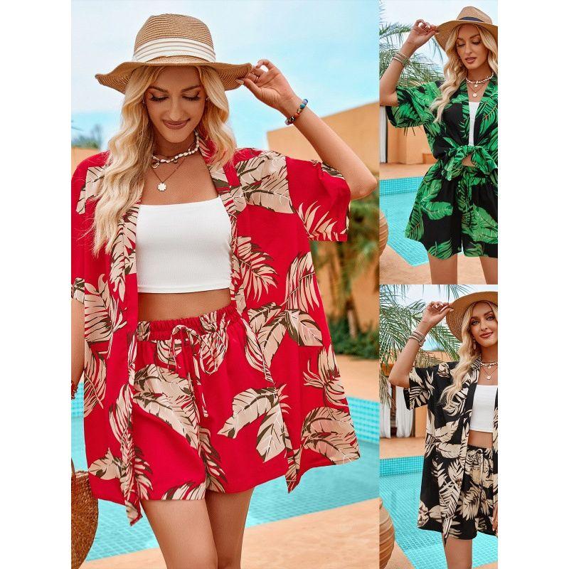 

Printed Casual Cardigan Two-Piece Set Print Casual Loose Cardigan Two-Piece Set Black apricot XL