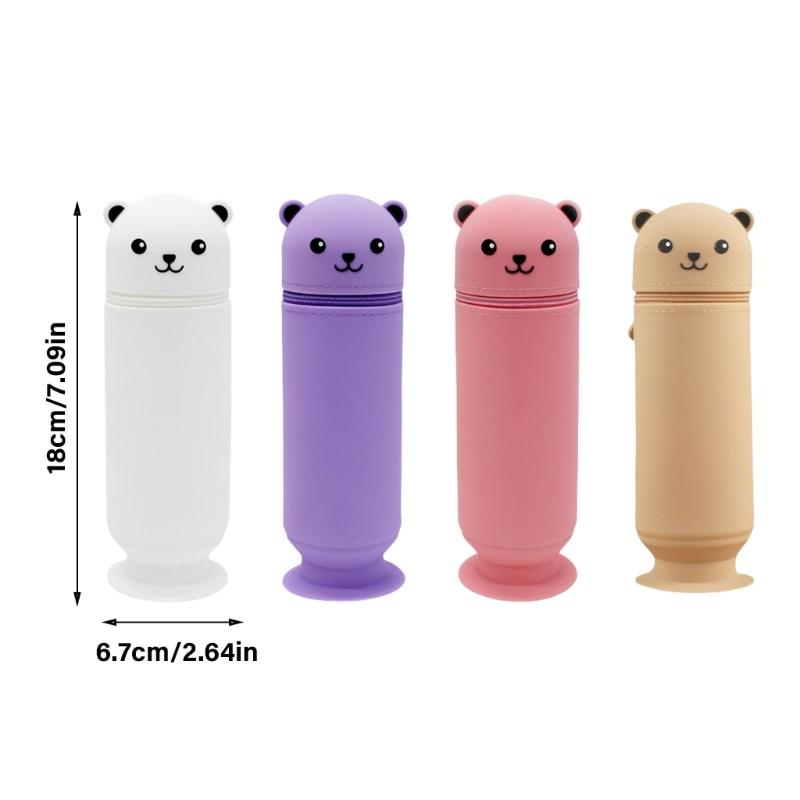 Large Capacity Pencil Case Cartoon Bear Pencil Box with Suction Cup Silicone Pen Bag for Students Teens Girls Boys