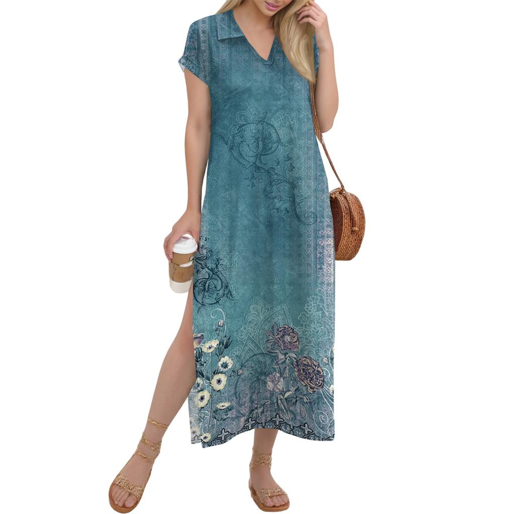 Women's Long Skirt Casual V-neck Long Shirt Dress Loose Slit Holiday Short Sleeve Dress